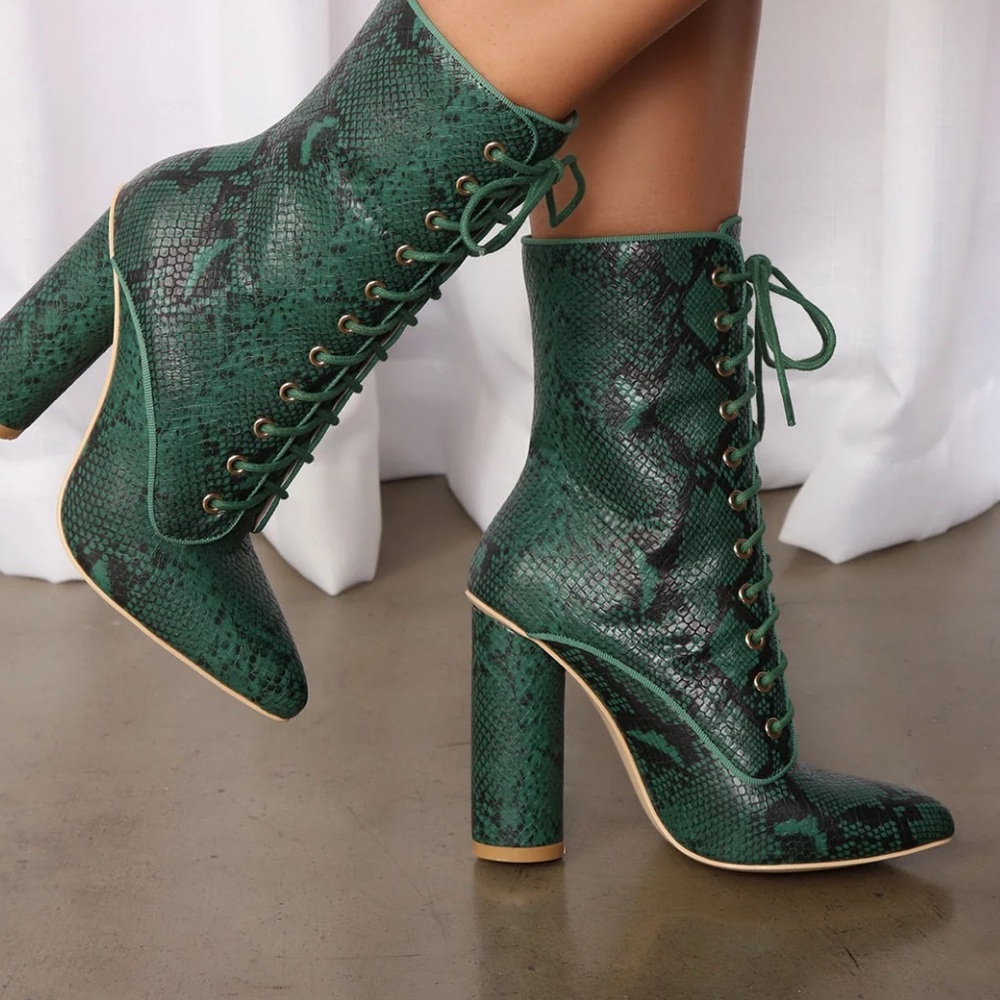 Green snake skin chunky heel boots